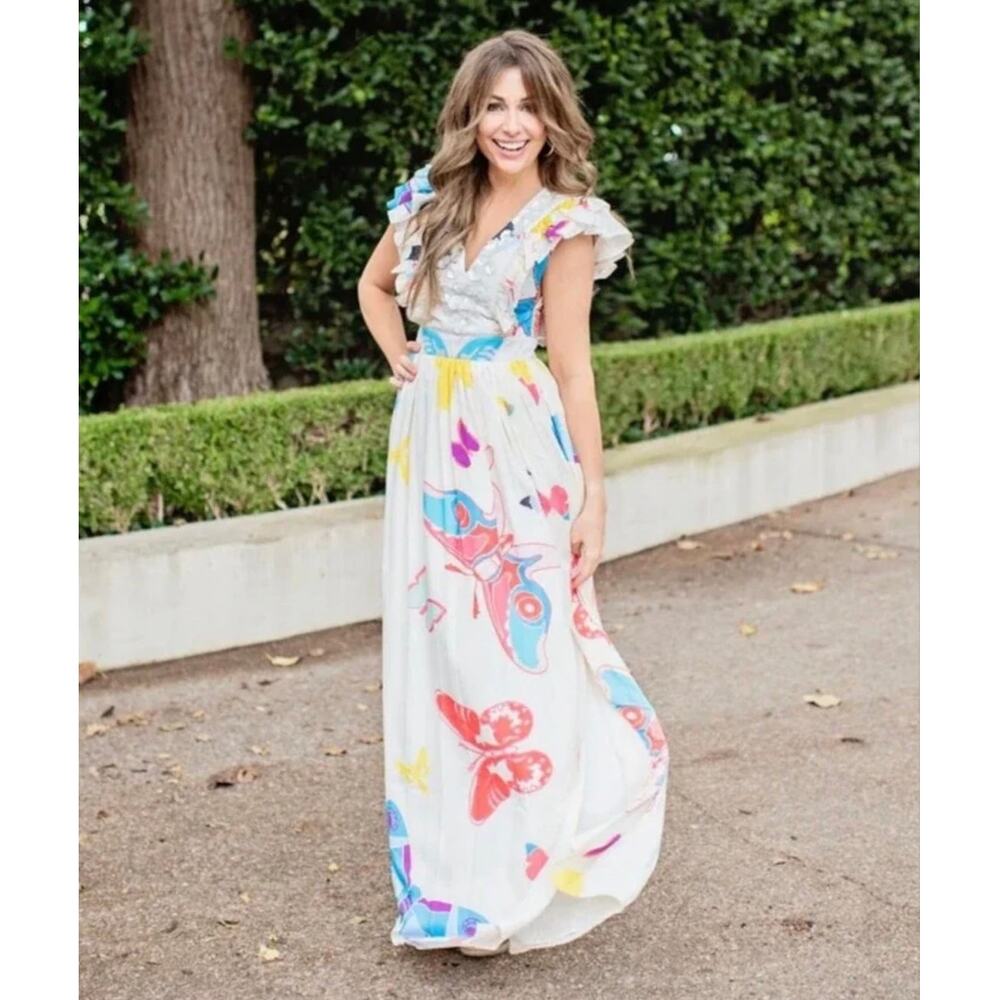 Sheridan‎ French Stacey Dress White Butterflies Maxi Flutter Sleeve Medium
